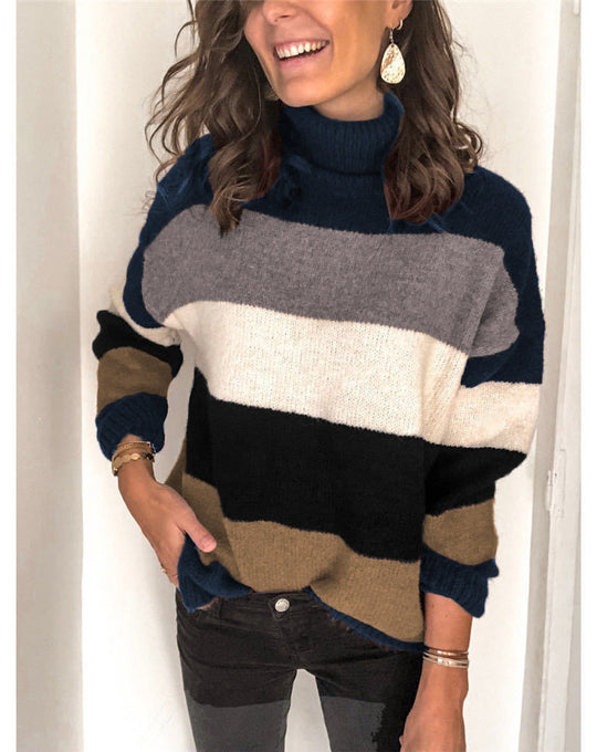 Damen modischer Strickpullover mit hohem Kragen und breitem Streifenmuster EB
