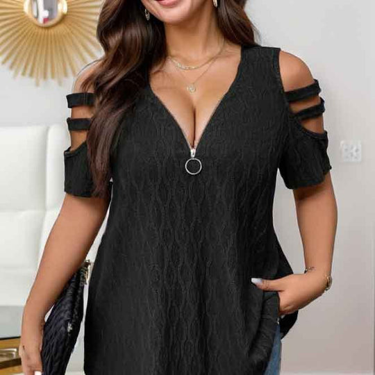 Damen elegantes Oberteil mit kreativem Reißverschluss und Cut-Out-Ärmeln EB