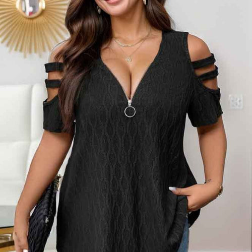 Damen elegantes Oberteil mit kreativem Reißverschluss und Cut-Out-Ärmeln EB
