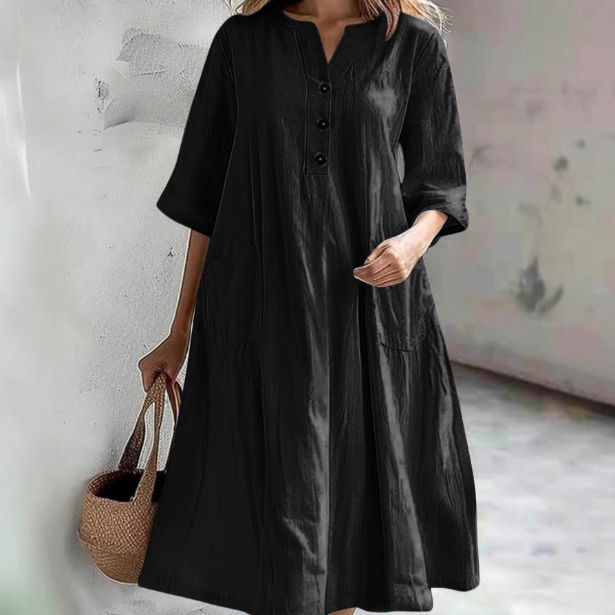Damen lässiges Baumwollkleid mit Knopfleiste und praktischen Taschen EB