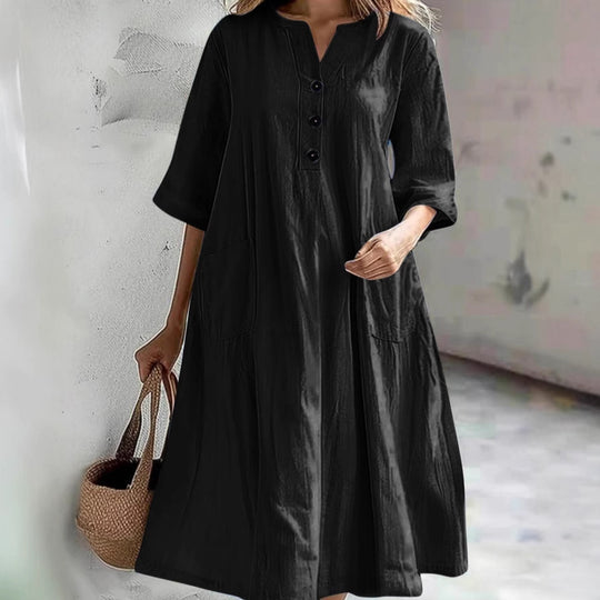 Damen lässiges Baumwollkleid mit Knopfleiste und praktischen Taschen EB
