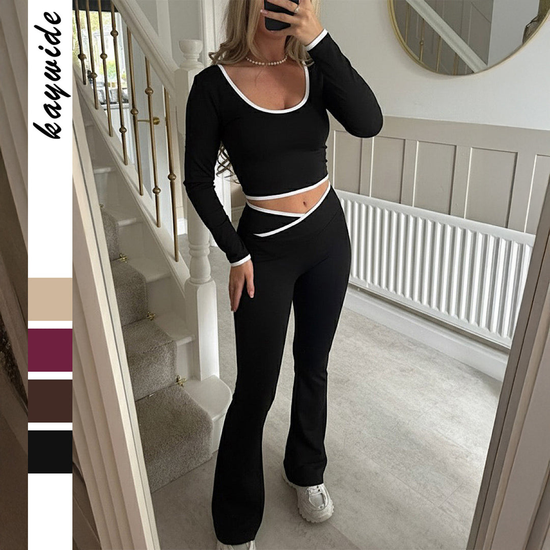 Damen nan figurbetontes Longsleeve-Croptop und ausgestelltes High Waist Schlaghosenset EB