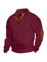 Herren nan Grobgestrickter Pullover mit Ellbogenpatches, Stehkragen und Knopfleiste EB