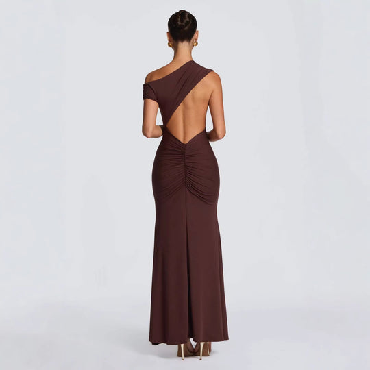 Damen Elegantes asymmetrisches Maxikleid mit schulterfreiem Design EB