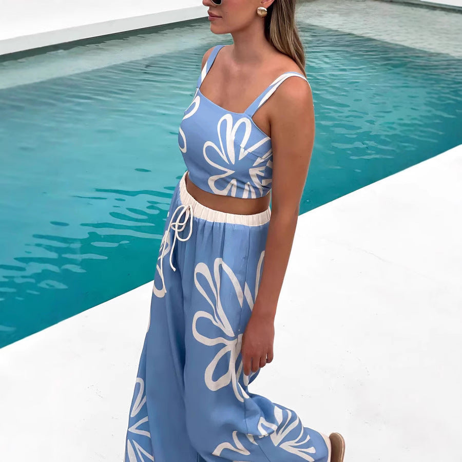 Damen Freizeitoberteil und weit geschnittene Hose mit floralem Muster EB