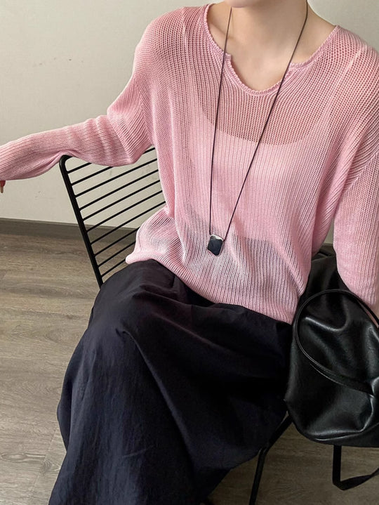 Damen luftiger Strickpullover mit V-Ausschnitt und lässigem Schnitt EB