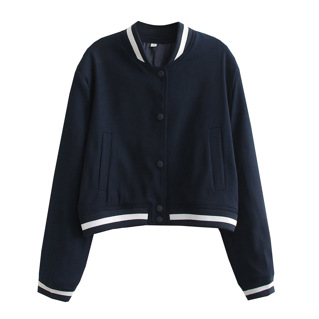 Damen Kurz geschnittene Collegejacke mit Rippbündchen und Druckknöpfen EB