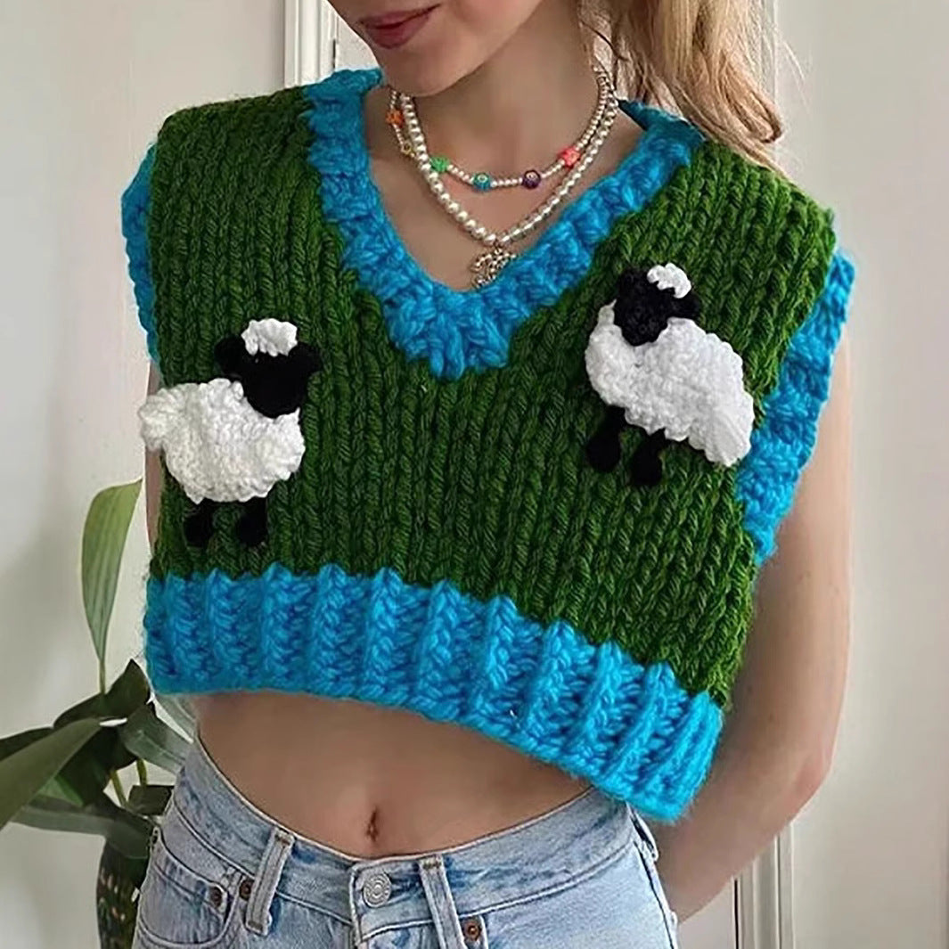 Damen gehäkeltes Crop-Top mit kreativen Schafmotiven EB