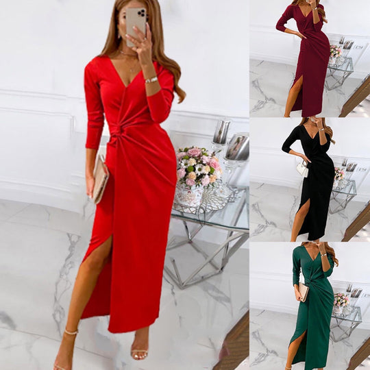 Damen elegantes Wickelkleid mit tiefem V-Ausschnitt und hohem Schlitz EB