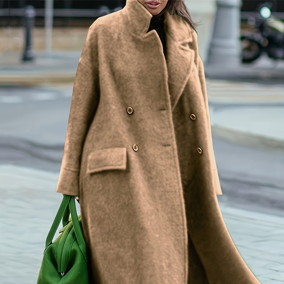 Damen nan Cape-ähnlicher doppelreihiger Wollmantel mit weitem Fall, hohem Stehkragen und Pattentaschen EB