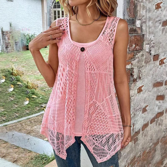 Damen nan gehäkeltes A-Linien-Oberteil mit asymmetrischem Zipfelsaum und integriertem Jersey-Untertop EB