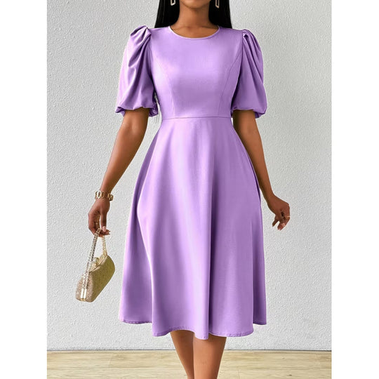 Damen Midi-Kleid mit Puffärmeln und schwingendem Saum EB