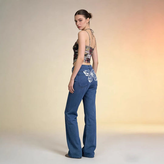 Damen nan hochgeschnittene weich fallende Schlagjeans aus Stretch-Denim mit figurformender Passform EB