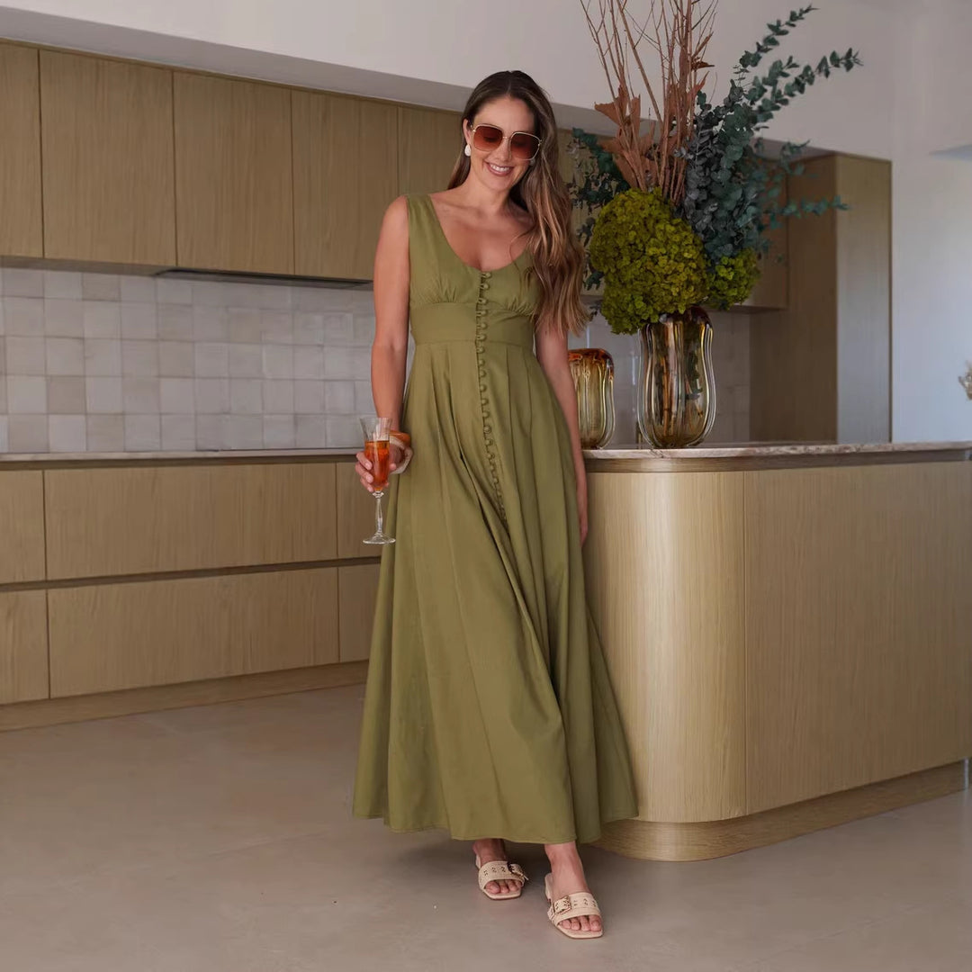Damen Maxikleid mit schickem Knopfdesign und elegantem V-Ausschnitt EB