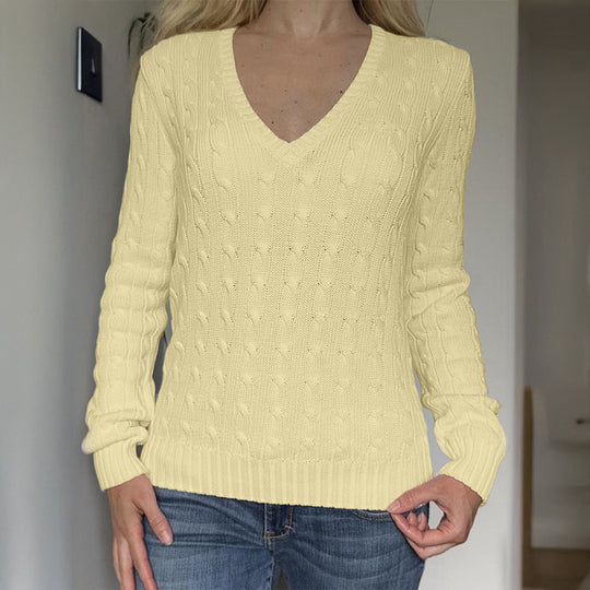 Damen nan Premium-Baumwollmix Zopfstrickpullover mit tiefem V-Ausschnitt und taillierter Silhouette EB