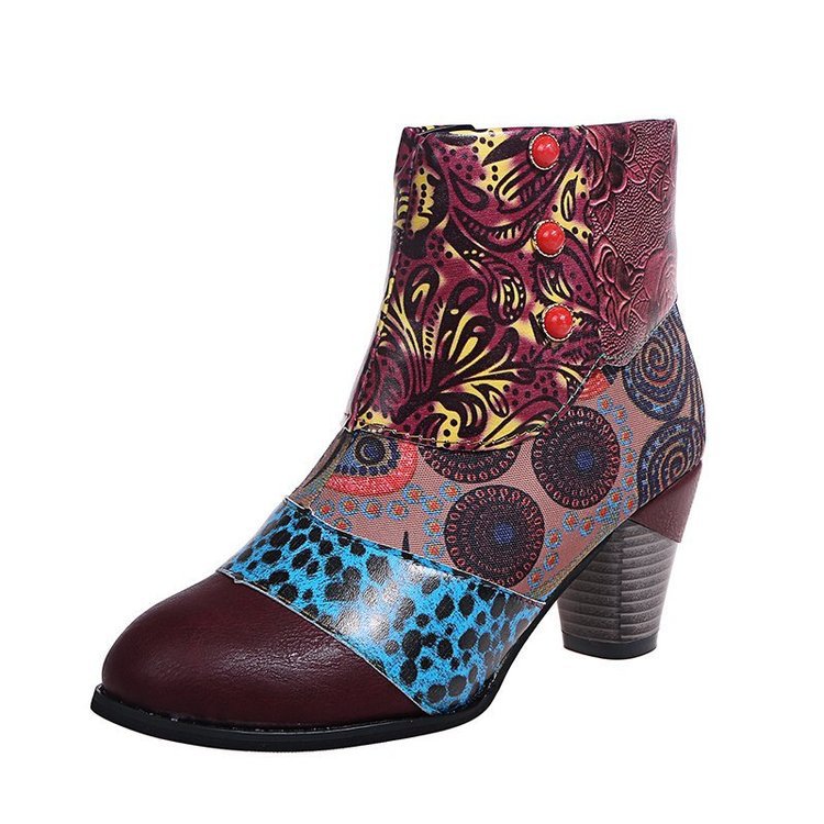 Damen Elegante Stiefeletten mit floralen Mustern und dekorativen Knöpfen EB