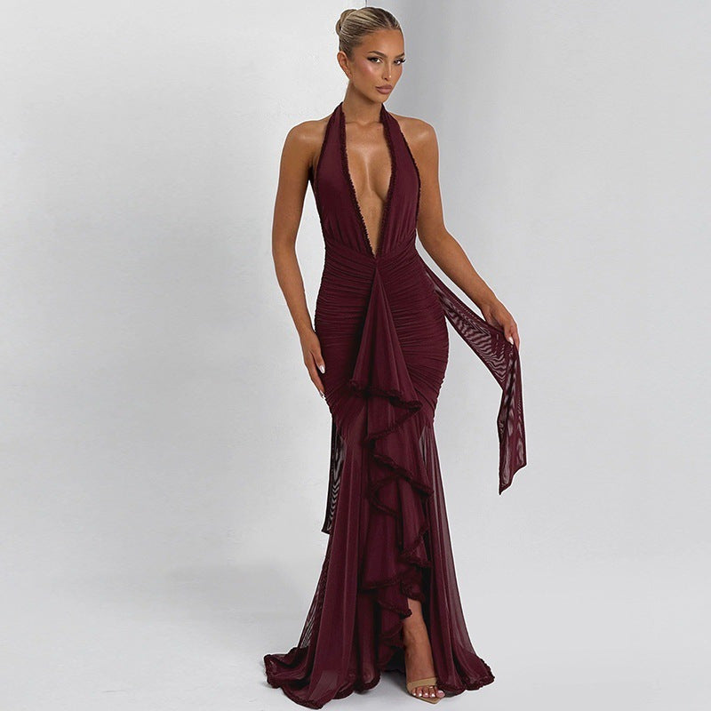 Damen Elegantes Abendkleid mit tiefem V-Ausschnitt und Rüschendetails EB