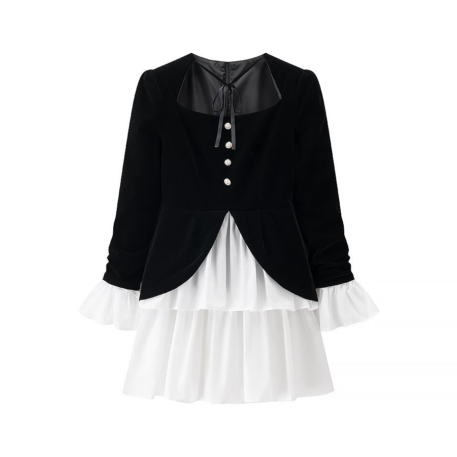 Damen festliches Kleid mit elegantem Schwarz-weiß-Design und Rüschenabschluss EB