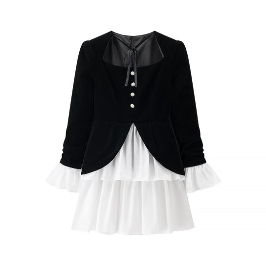 Damen festliches Kleid mit elegantem Schwarz-weiß-Design und Rüschenabschluss EB