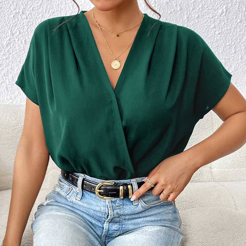Damen Blusenshirt mit eleganter Wickeloptik und kurzen Ärmeln EB