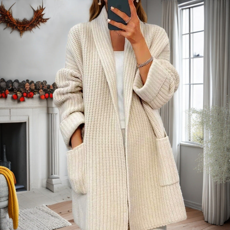 Damen nan langer übergroßer Strickmantel mit Schalkragen und aufgesetzten Taschen EB
