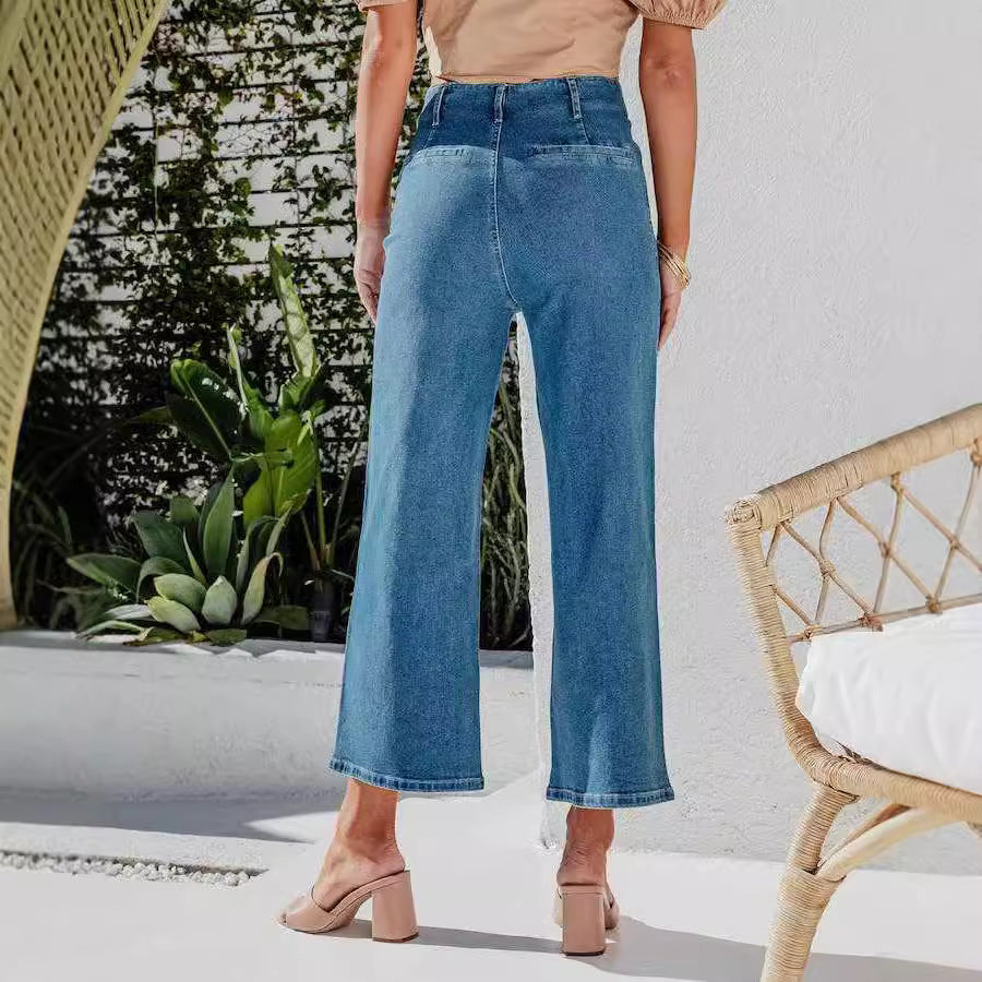 Damen High-Waist Jeans mit Knopfdetail und weitem Bein EB