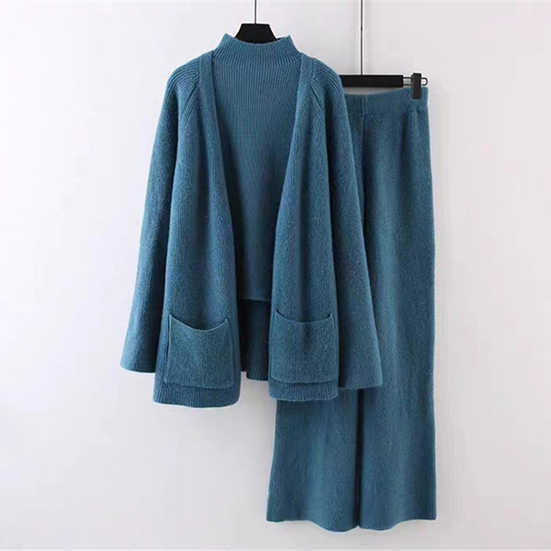 Damen kuscheliges Strickensemble mit weitem Cardigan und bequemen Hosen EB