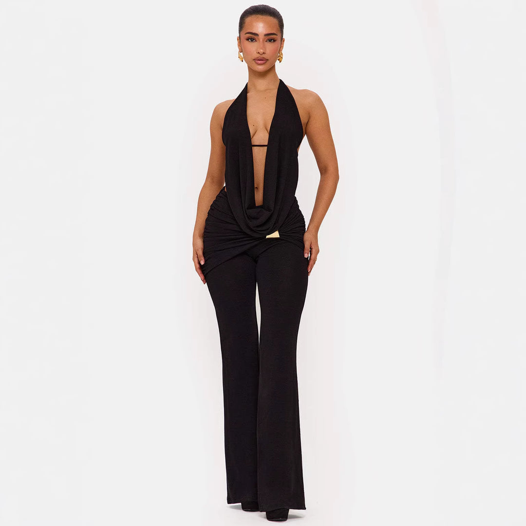 Damen elegantes, figurbetontes Jumpsuit mit tiefem Ausschnitt und weitem Bein EB