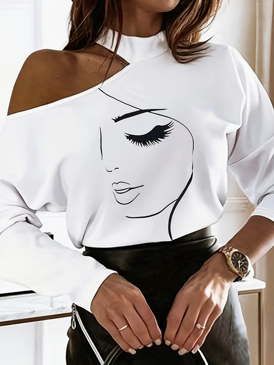 Damen Designer Off-Shoulder Shirt mit stylischem Gesichtsdruck EB