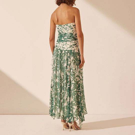 Damen schulterfreies Maxikleid mit Rüschendetails und floralem Muster EB