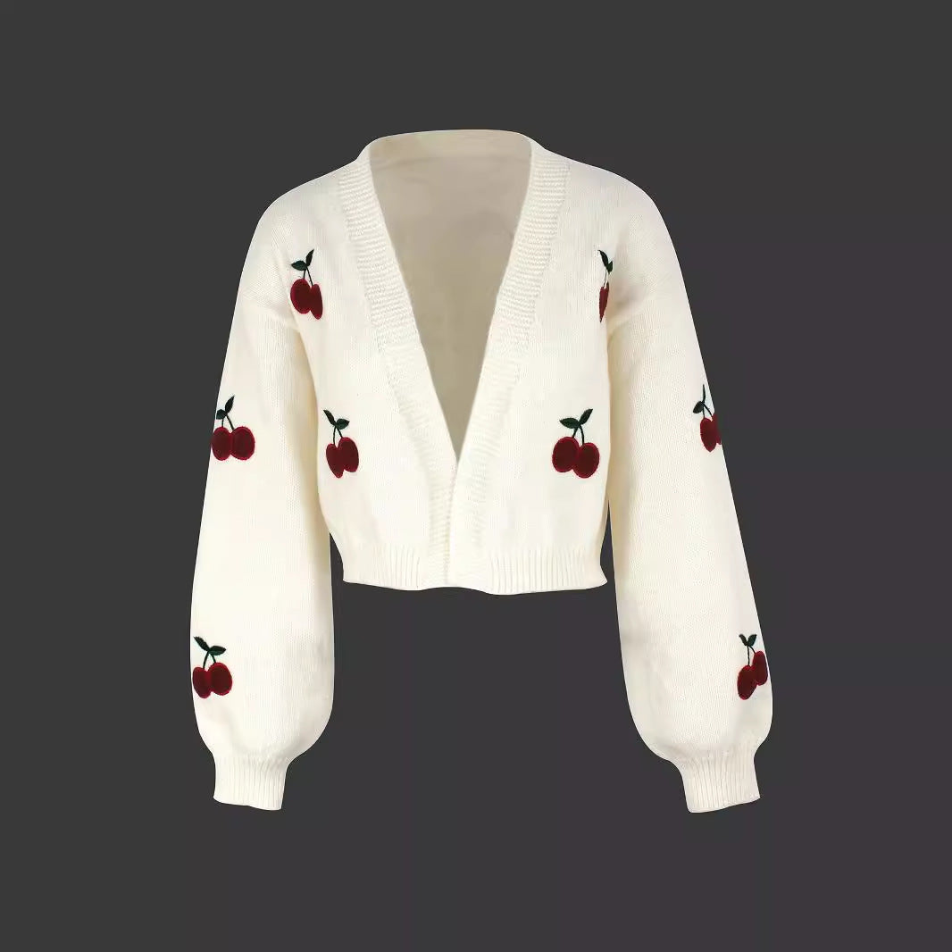 Damen Kurze Strickjacke mit fruchtiger Stickerei EB