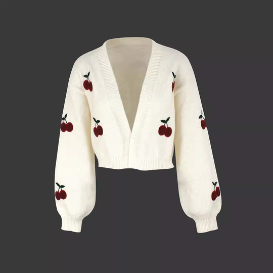 Damen Kurze Strickjacke mit fruchtiger Stickerei EB
