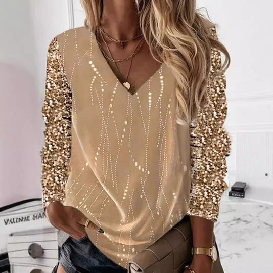 Damen Festliche V-Ausschnitt Bluse mit Paillettenärmeln und leichter Drapierung EB