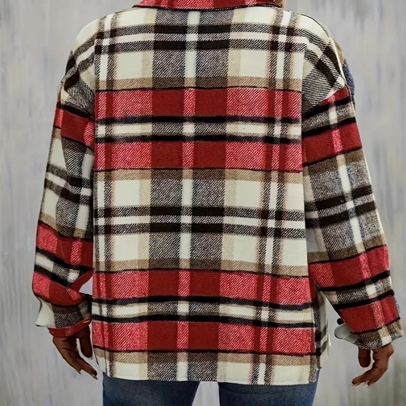 Damen karierte Flanelljacke mit Taschen und geschmackvoller Knopfleiste EB