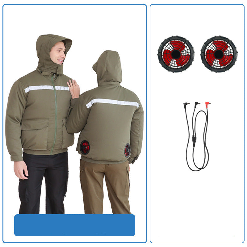 Unisex nan ventilated jacket for work and outdoor with integrated USB fans, battery compartment and hood EB