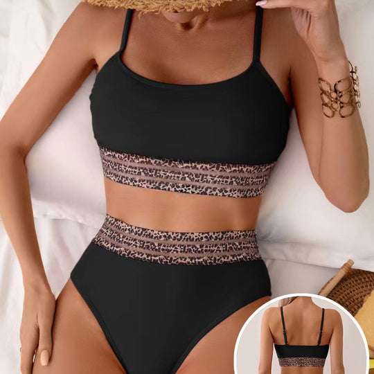 Damen Bikini-Top mit hoch geschnittenem Unterteil und Leopardendruck EB