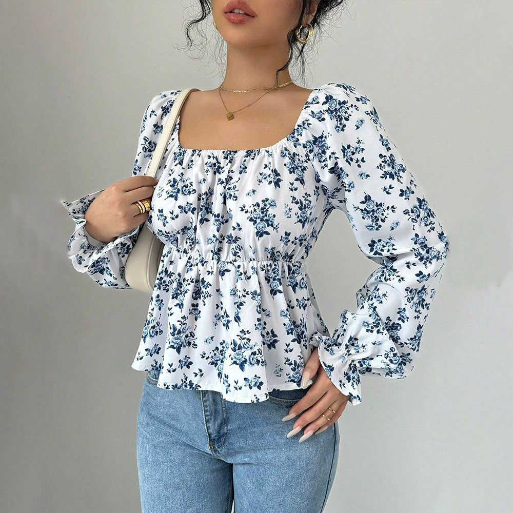 Damen geblümtes Carmen-Top mit geraffter Taillenlinie und Volant-Saum Eichborn Berlin