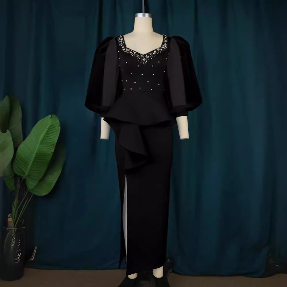 Damen Elegantes Abendkleid mit funkelnden Perlen und voluminösen Tüllärmeln EB
