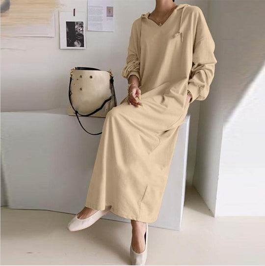 Damen nan lässiges Kapuzen-Maxikleid mit V-Ausschnitt, langen Ärmeln, lockerem geradem Schnitt und elastischen Bündchen EB
