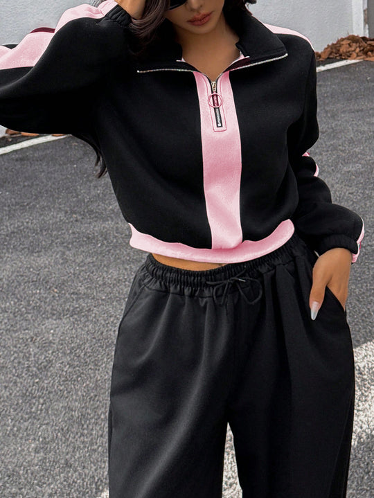 Damen kurzes Sweatshirt mit Halbreißverschluss und elastischer Bund Jogginghose Set Eichborn Berlin