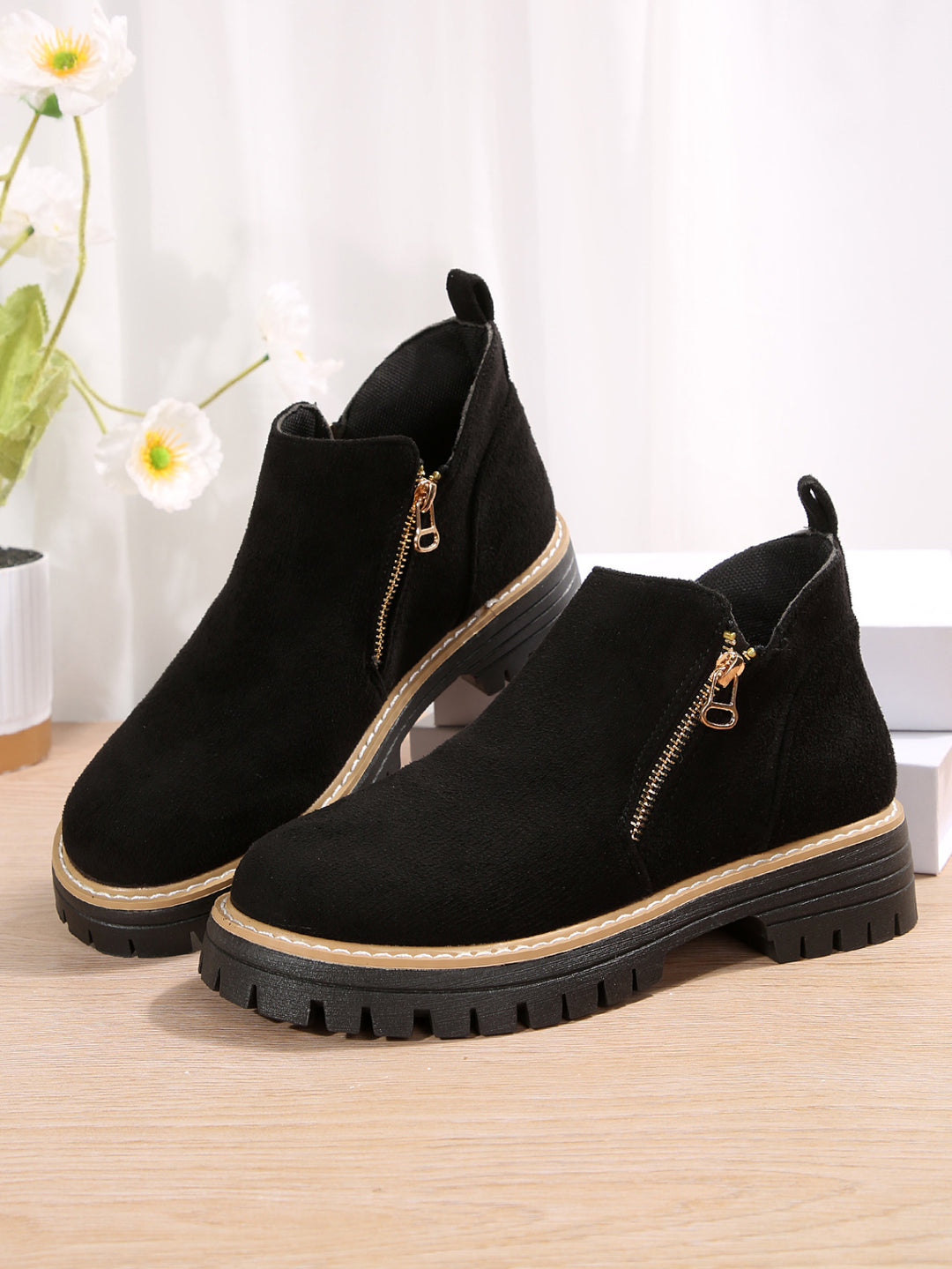 Damen Trendige Chelsea-Boots mit seitlichem Reißverschluss und rutschfester Sohle EB