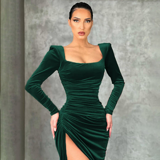 Damen Raffiniertes Stretch-Kleid mit asymmetrischem Schlitz und langen Ärmeln EB