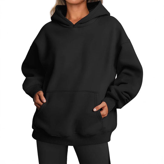 Damen nan Oversize-Kapuzenpullover mit verlängertem Rückenteil, innen angerautem Fleece und Kängurutasche EB