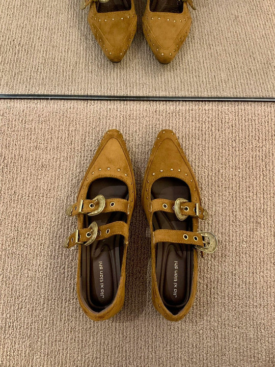 Damen Elegante und stilvolle Ballerinas mit modischen Schnallen und Nieten EB