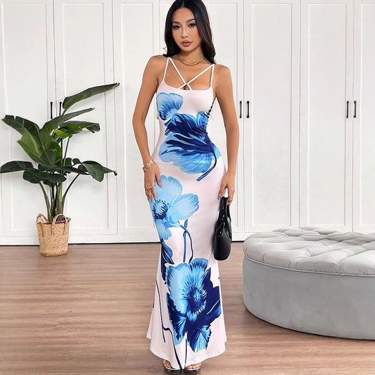 Damen Floral Maxikleid mit zarten Spaghetti-Trägern und figurbetontem Schnitt EB