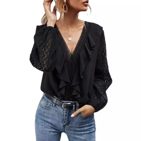 Damen Rüschenbluse mit transparenten Ärmeln und feinen Spitzenakzenten EB
