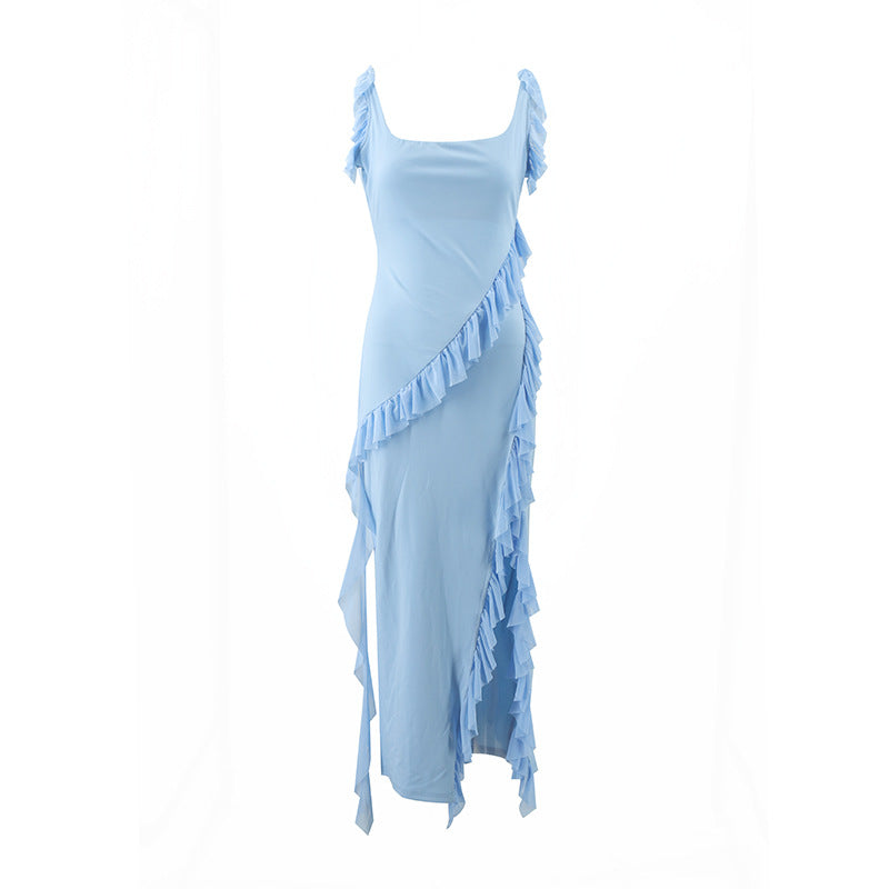 Damen Maxikleid mit voluminösen Rüschen und asymmetrischem Saum EB