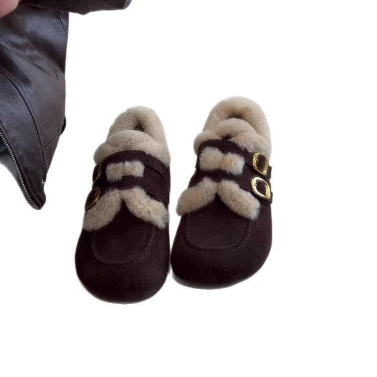 Damen Flauschige Filzpantoffeln mit dekorativem Riemendesign EB