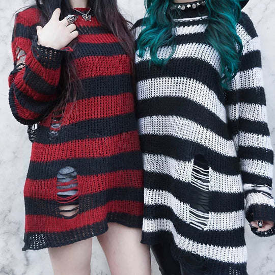 Damen nan Oversized Grobstrickpullover mit breiten Blockstreifen und aufgerissenem Design EB