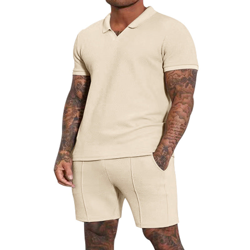 Herren nan kurzärmeliges Halbkragen-Strickset mit feiner Waffelstruktur und gerade geschnittenen Shorts EB